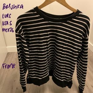 Bershka Navy Blue and White Striped Jumper